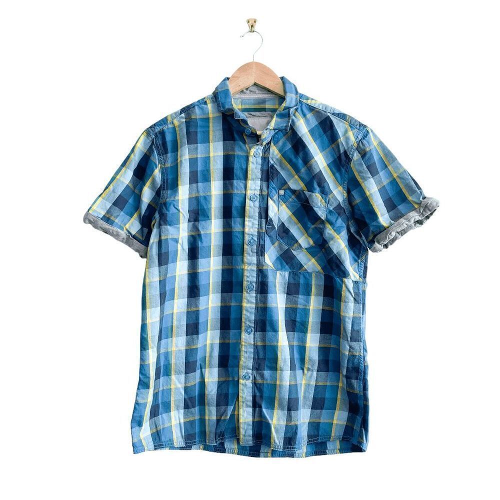 Bench Mens Casual Shirt Button Down Short Sleeve Plaid Blue Size Large